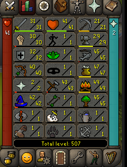 OSRS starter account stats screenshot showing 41 combat level, 507 total level, and balanced beginner-friendly skills including Firemaking, Cooking, Fishing, Woodcutting, Magic, and Attack.
